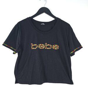 BEBE Sport Y2K Black Rainbow Stitched Boxy Crop Length Baby Tee